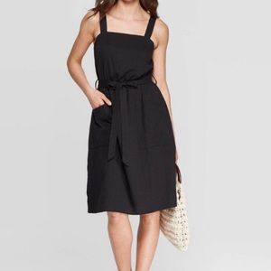 Black Square Neck, Knee Length Dress with Pockets